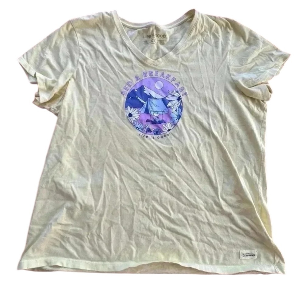 Womens Life Is Good‎ Bed & Breakfast Yellow Oversized V Neck Tshirt l SIZE XXL